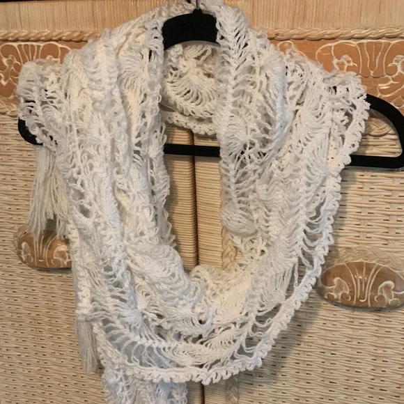 XL White Crocheted Scarf, Shawl, Wrap - Picture 1 of 8